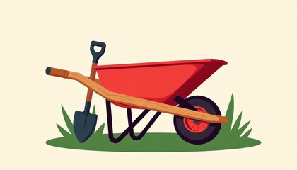 Sturdy red garden wheelbarrow with tools, gardening concept