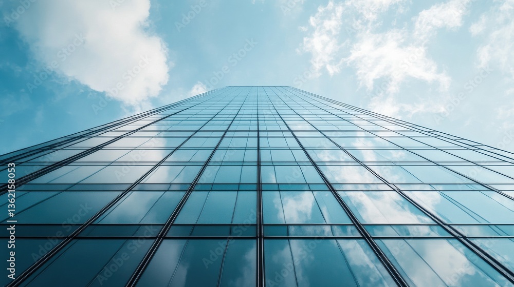Poster a low angle view of a glass skyscraper reflecting the sky, showcasing the intricate grid pattern and