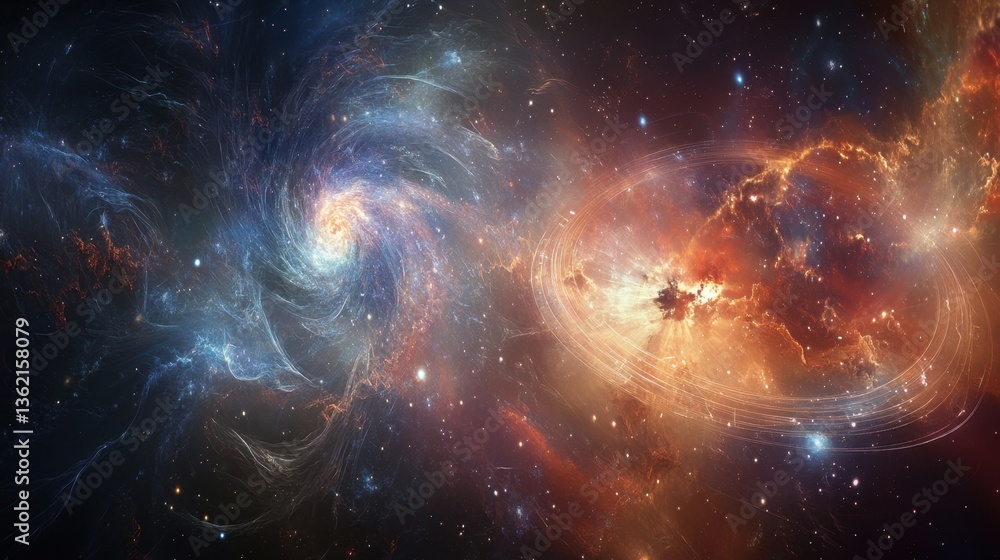 Poster a conceptual fusion of classical and quantum mechanics, blending time and probability.
