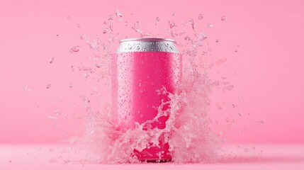 Pink soda can with water splash