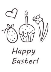 Easter card with hand drawn drawings. Hand drawn sketch. Vector illustration.