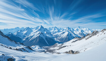 Obraz premium Majestic snow-capped mountain range, panoramic winter landscape, rugged alpine peaks