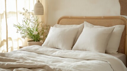 Cozy bedroom interior featuring bed with pillows and soft bedding