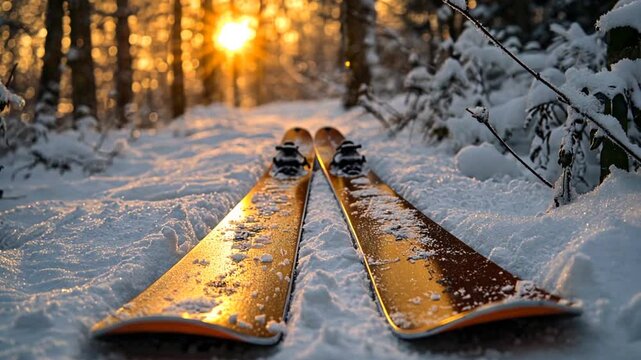 Snowy ski trail at sunset