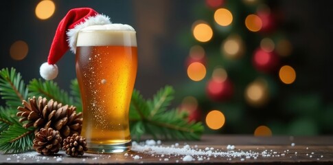 A festive Christmas beer in a Santa hat, surrounded by pine cones and a fir branch , christmas beer, beer, fir tree