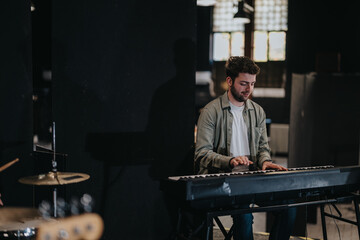 A musician playing a keyboard during a band practice session in a music studio, preparing for an upcoming concert performance.