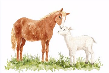 Fototapeta premium Watercolor Painting of a Chestnut Horse and a Kid Goat in a Meadow