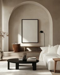 Minimalist living room with arched alcove, neutral tones, and blank canvas.