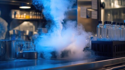 A conceptual image of liquid nitrogen reactions creating a foggy chemical experiment.