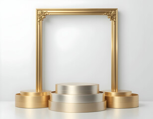 Golden Pedestal Stands Under Ornamental Frame Against White Wall