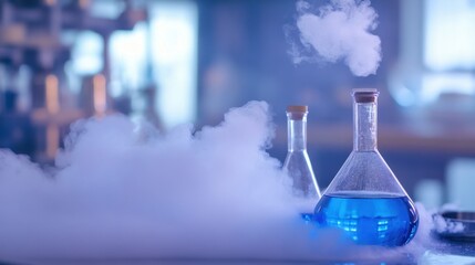 A conceptual image of liquid nitrogen reactions creating a foggy chemical experiment.
