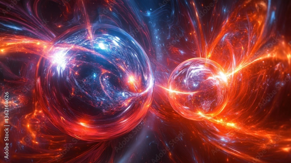Poster a conceptual quantum entanglement scene with two particles connected by luminous energy.