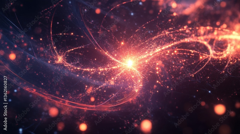 Poster a conceptual quantum entanglement scene with two particles connected by luminous energy.