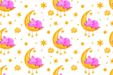 Baby girl pink dinosaur sleep on moon. Infant seamless pattern for baby room, nursery bedroom. Newborn child watercolor endless background for kids