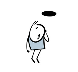 Boy looks anxiously at the hole in the ceiling. Vector illustration a man raised his head and got scared. The burrow of a wild animal. Cartoon isolated stickman on white background.
