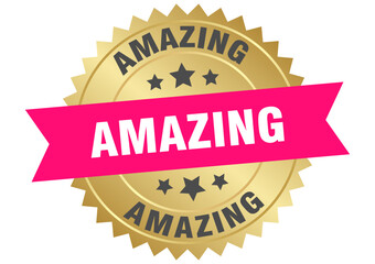 amazing. amazing round pink and gold label isolated on transparent background