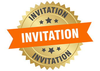 invitation. invitation round orange and gold label isolated on transparent background
