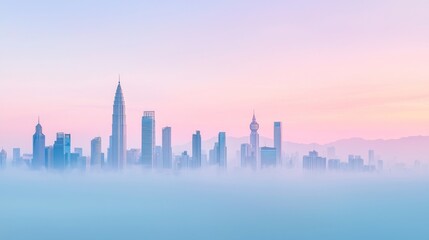 Obraz premium Pastel City Skyline Emerging From Fog At Dawn