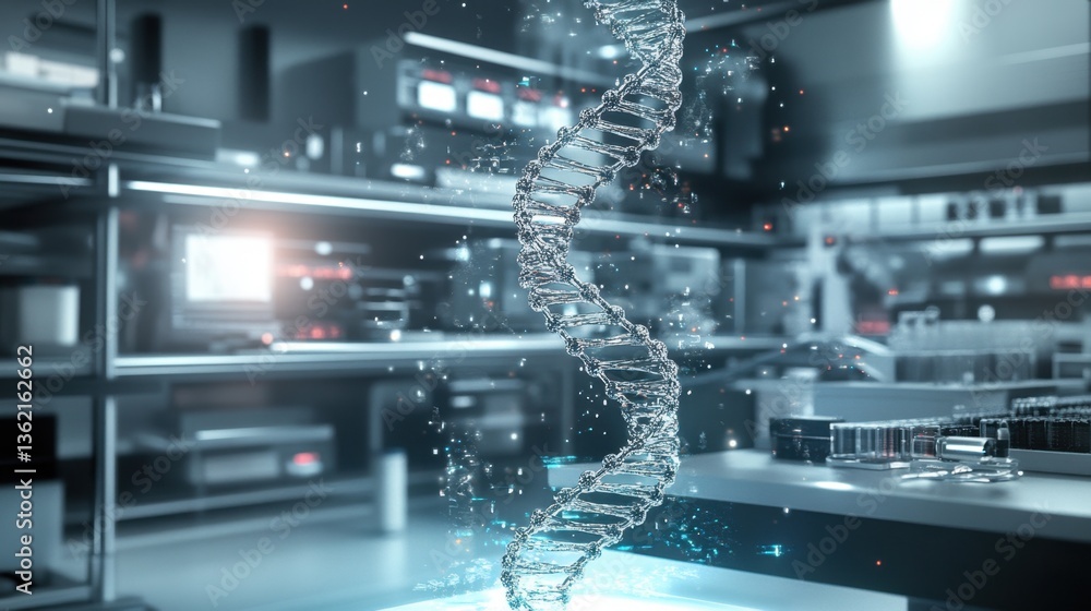 Aufkleber a concept of genetic engineering with floating holographic dna models in a digital lab environment.