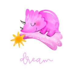 Girly pink newborn dinosaur dreaming on star tail. Space and sky. Baby birth hand drawn watercolor illustration. Poster for baby room, nersery, bedtime card. Its a girl