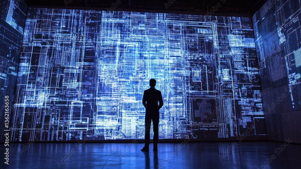 Poster silhouette contemplates complex data streams on illuminated server room wall