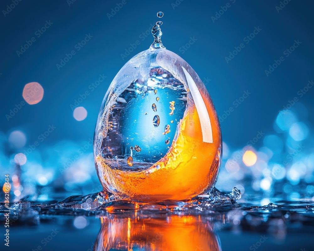Poster a mesmerizing abstract representation of an egg shape with vibrant blue and orange liquid, creating 