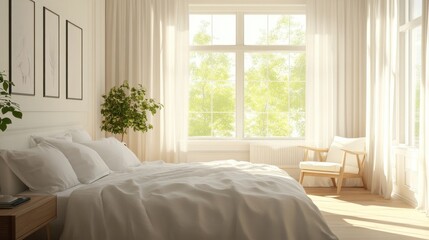 Fototapeta premium Inviting bedroom bathed in natural light, featuring a plush bed with soft white bedding and a tranquil vibe illustration