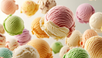 Ice cream balls floating in the air. Summer holiday, catering of sweet desserts, advertising of delicious refreshing drinks, background for frozen products and joyful mood	