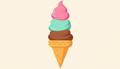 Colorful ice cream cone stacked with scoops against plain background, delight