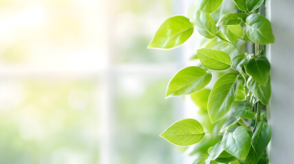 Obraz premium Green leafy vines growing near window with soft morning light in home interior. Ideal for indoor garden blogs, eco lifestyle visuals or nature wellness ads. Selective focus