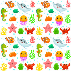 A seamless and playful pattern featuring adorable sea creatures like fish, crabs, starfish, and jellyfish, along with colorful corals. Perfect for marine-themed designs, children's illustrations