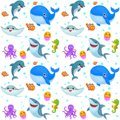 A seamless and fun pattern featuring adorable sea creatures such as fish, crabs, starfish, jellyfish, dolphins, and more. Perfect for marine-themed designs, children's illustrations, fabric prints