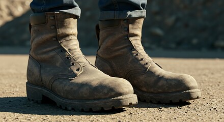 Well-worn Leather Work Boots on Dusty Ground