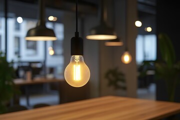 Edison Bulb with Black Fitting Suspended Lighting Fixture Over Wooden Tabletop