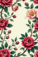 Stylized floral pattern with scrolling leaves and roses peonies in a calligraphic design, leaf patterns, ornate frames, botanical illustrations