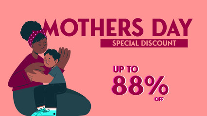 Up to 88% discount,' featuring a mother and child hugging against an illustrated pink background.