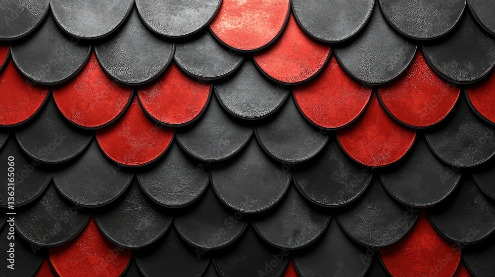Poster geometric pattern of overlapping circles in black and red. textured, circular scales. abstract desig