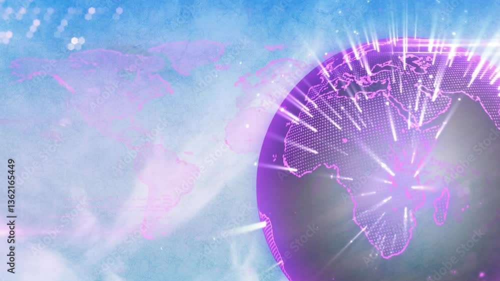 Poster glowing lines animating digital globe over abstract world map background