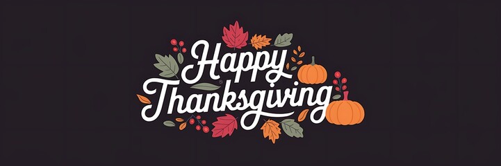 Elegant Thanksgiving celebration background featuring stylish white cursive lettering vibrant autumn leaves pumpkins golden wheat and soft glowing lights on deep black backdrop.Thanksgiving typography