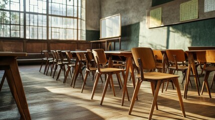 Empty classroom with wooden chairs and desks