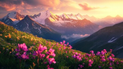 Breathtaking alpine vista: Snow-capped mountains and vibrant wildflowers at sunset