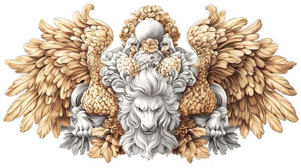 Majestic lion crest with winged griffins.