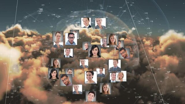 Digital network and cloud animation with diverse people in collage format