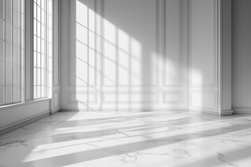 Bright empty white room with marble floor and large windows, sunlight and shadows