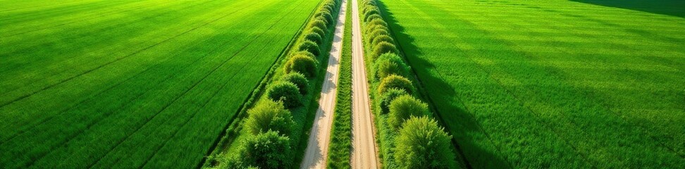 Naklejka premium Gravel road cuts through verdant field, overhead view, birds eye view, travel, texture
