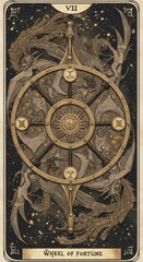 Obraz premium Wheel of Fortune Tarot Card with Mystical Creatures