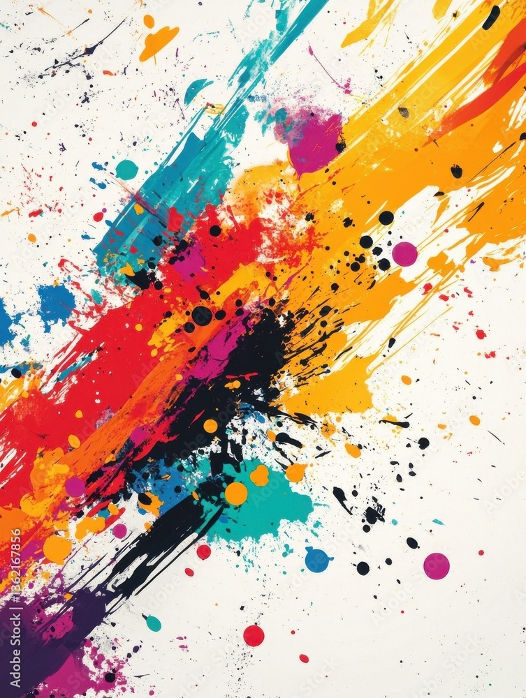Poster a wide background banner with a colorful abstract paint splatter design, adding an energetic and cre