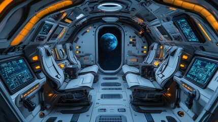 Fototapeta premium Interior of a spaceship, multi-functional space with digital tools, robotic assistants, and virtual workstations