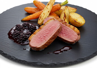 Sliced Roasted Duck Breast with Roasted Root Vegetables and Berry Sauce on Black Slate Plate