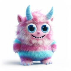 Cute furry monster with soft pink and blue stripes and tiny horns